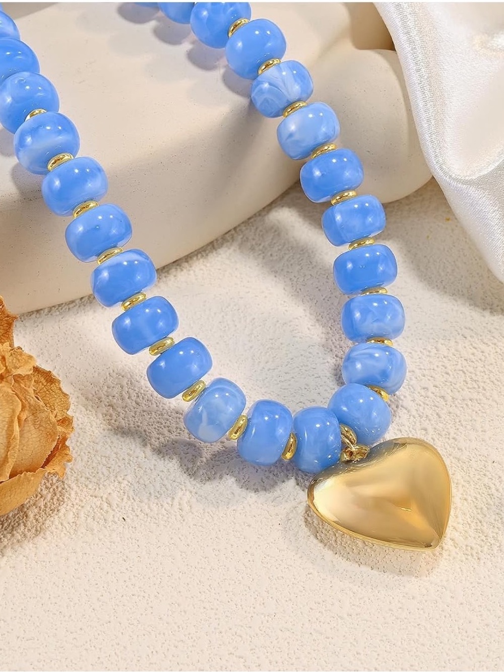 Anthropologie Gold Tone Heart Pendant Blue Bead Necklace - Women Jewelry - Picture 5 of 6